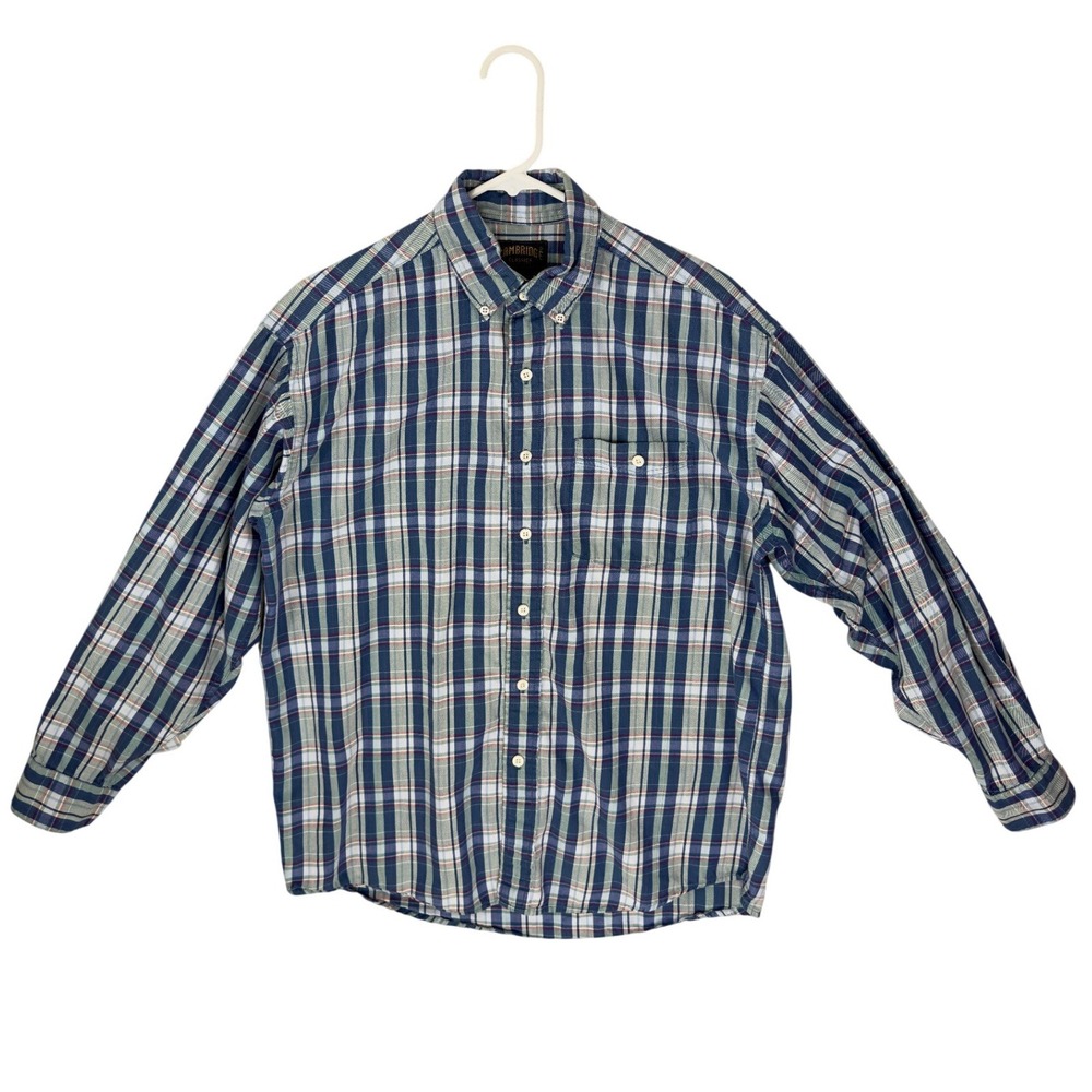 Cambridge Classics Mens Plaid Button Down Shirt Blue Green Cotton Medium